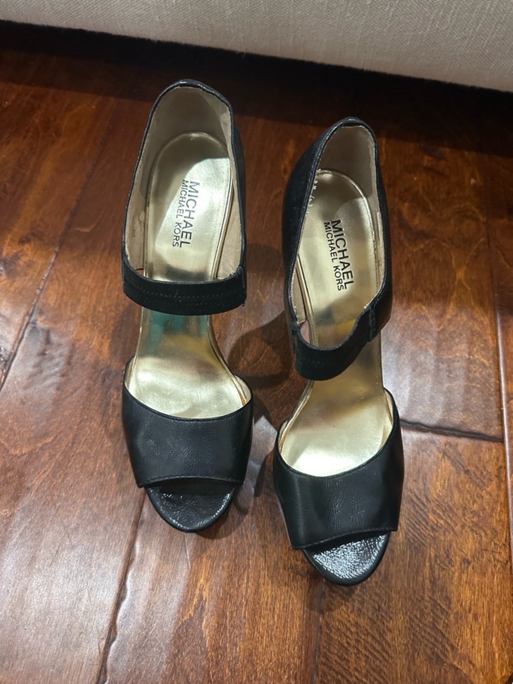 Michael Kors Black Leather Open-Toe Ankle-Strap Heels with Gold Insole